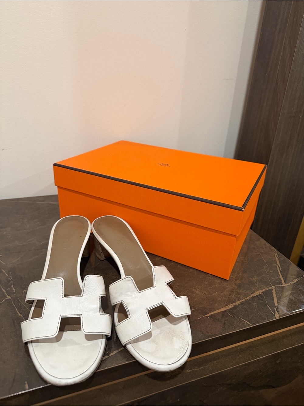 Hermes White Oran Leather Slide Sandals
